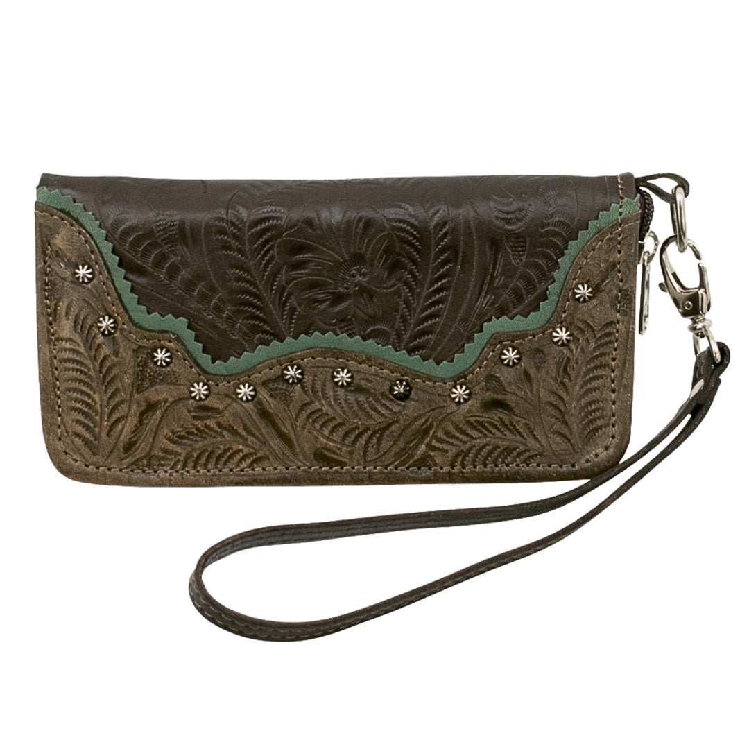 Saddle Ridge zip-around wallet in chocolate brown with hand tooled leather accents