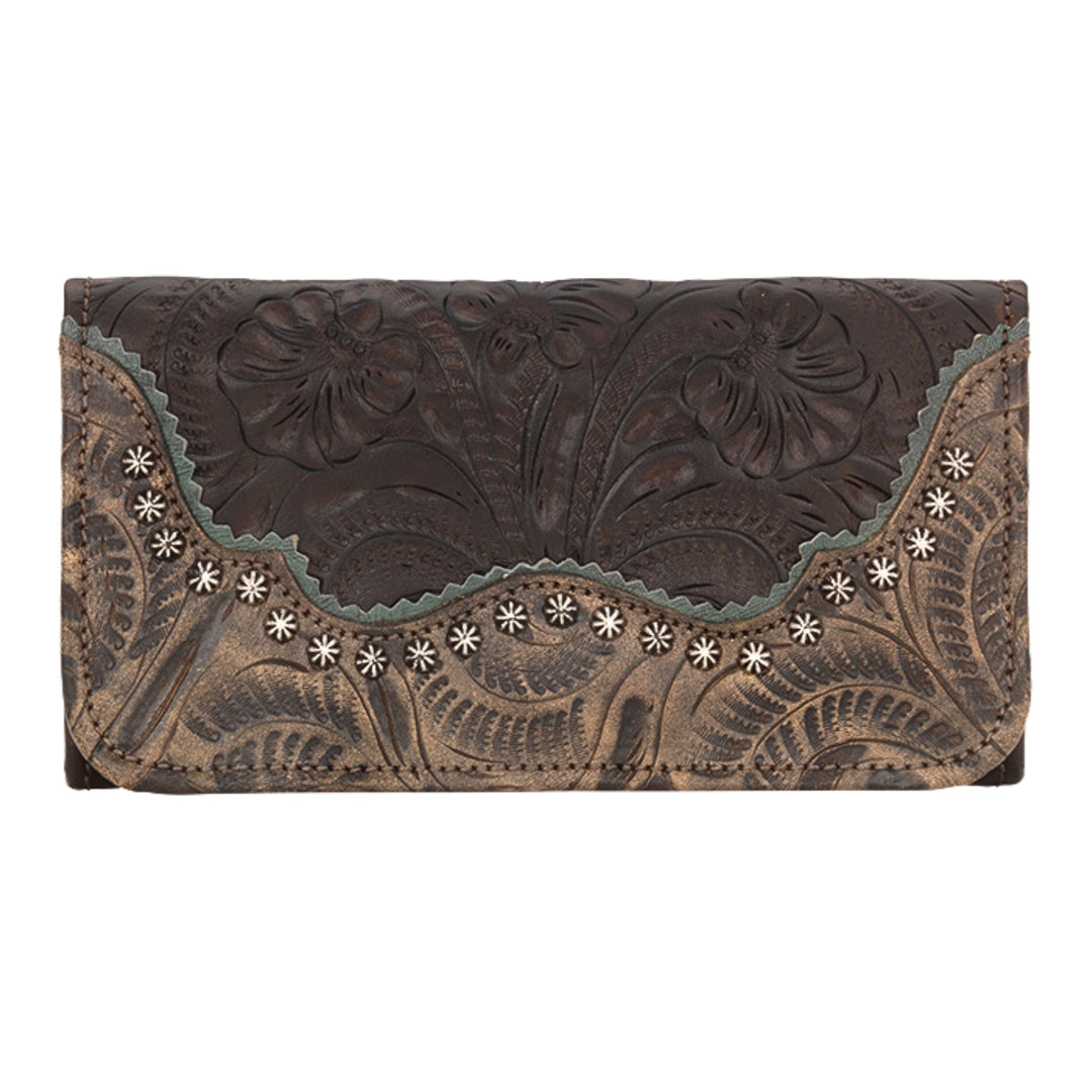 Saddle Ridge tri-fold wallet in chocolate brown with hand tooled leather accents