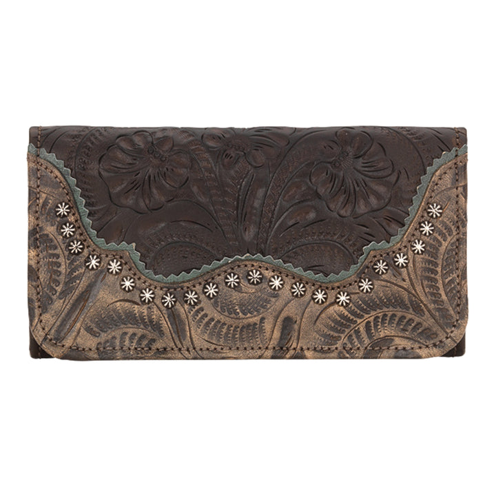 Saddle Ridge tri-fold wallet in chocolate brown with hand tooled leather accents