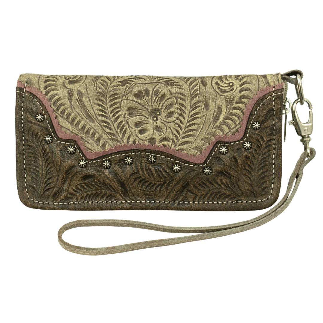 Saddle Ridge zip-around wallet in sand with hand tooled leather accents