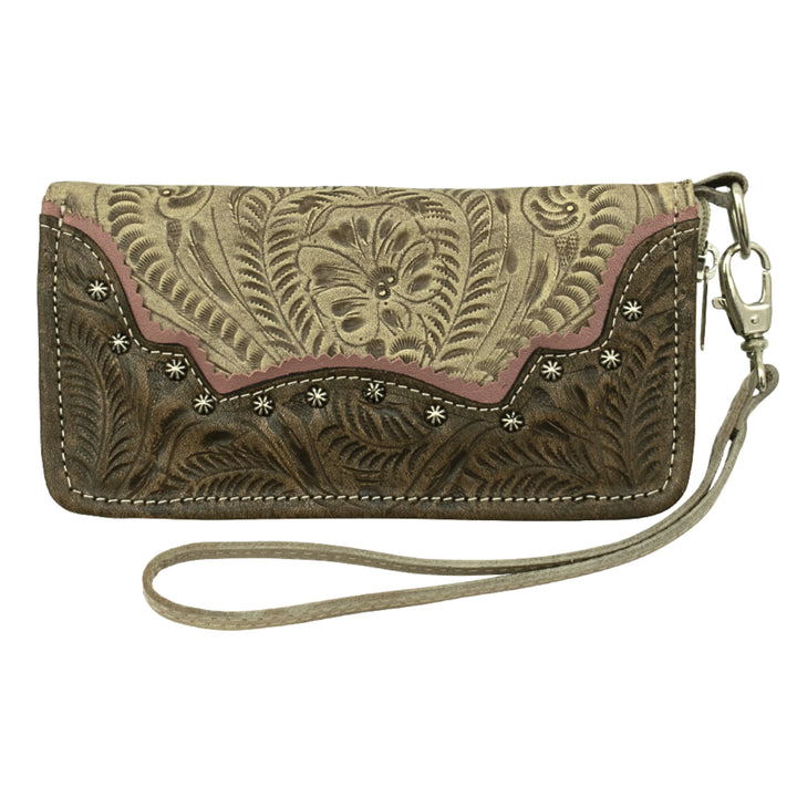 Saddle Ridge zip-around wallet in sand with hand tooled leather accents