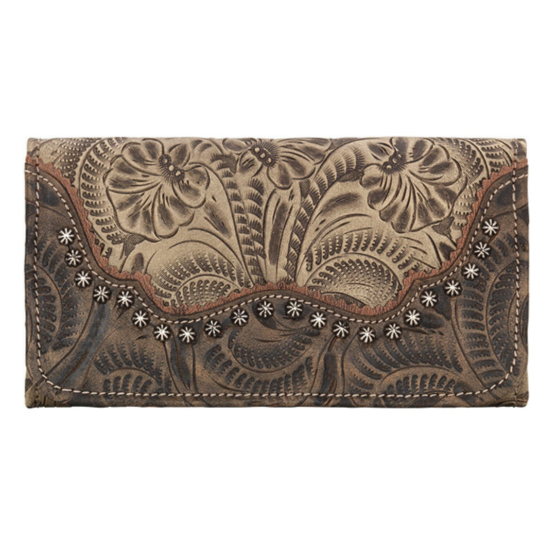 Saddle Ridge tri-fold wallet in sand with hand tooled leather accents