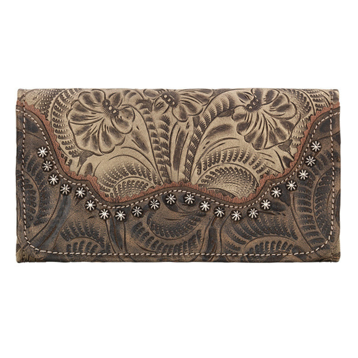Saddle Ridge tri-fold wallet in sand with hand tooled leather accents