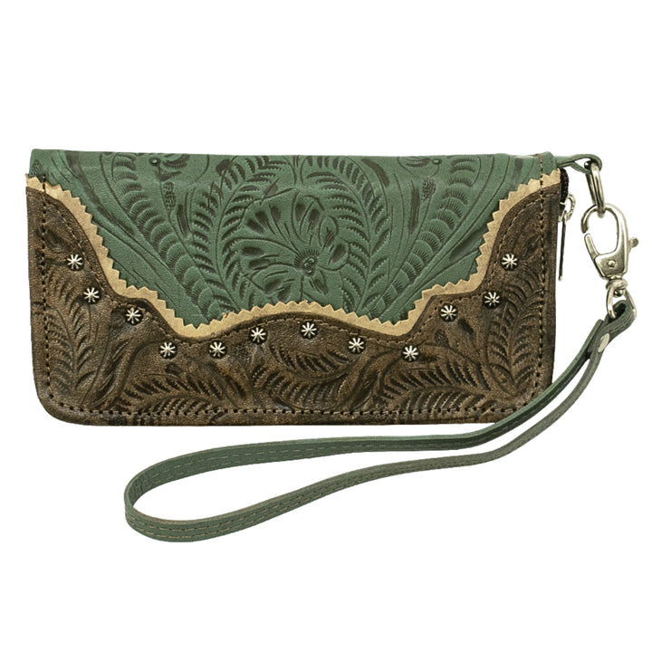 Saddle Ridge tri-fold wallet in light turquoise with hand tooled leather accents