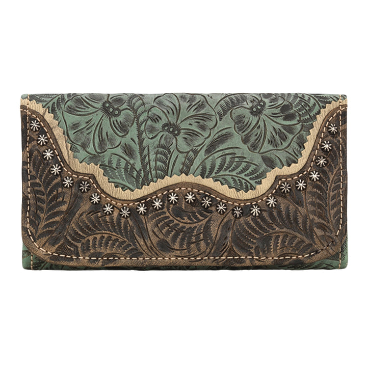 Saddle Ridge tri-fold wallet in light turquoise with hand tooled leather accents