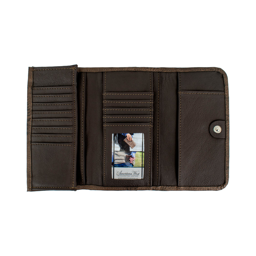 Inside view of Saddle Ridge tri-fold wallet with credit card slots, zippered pocket and clear id holder