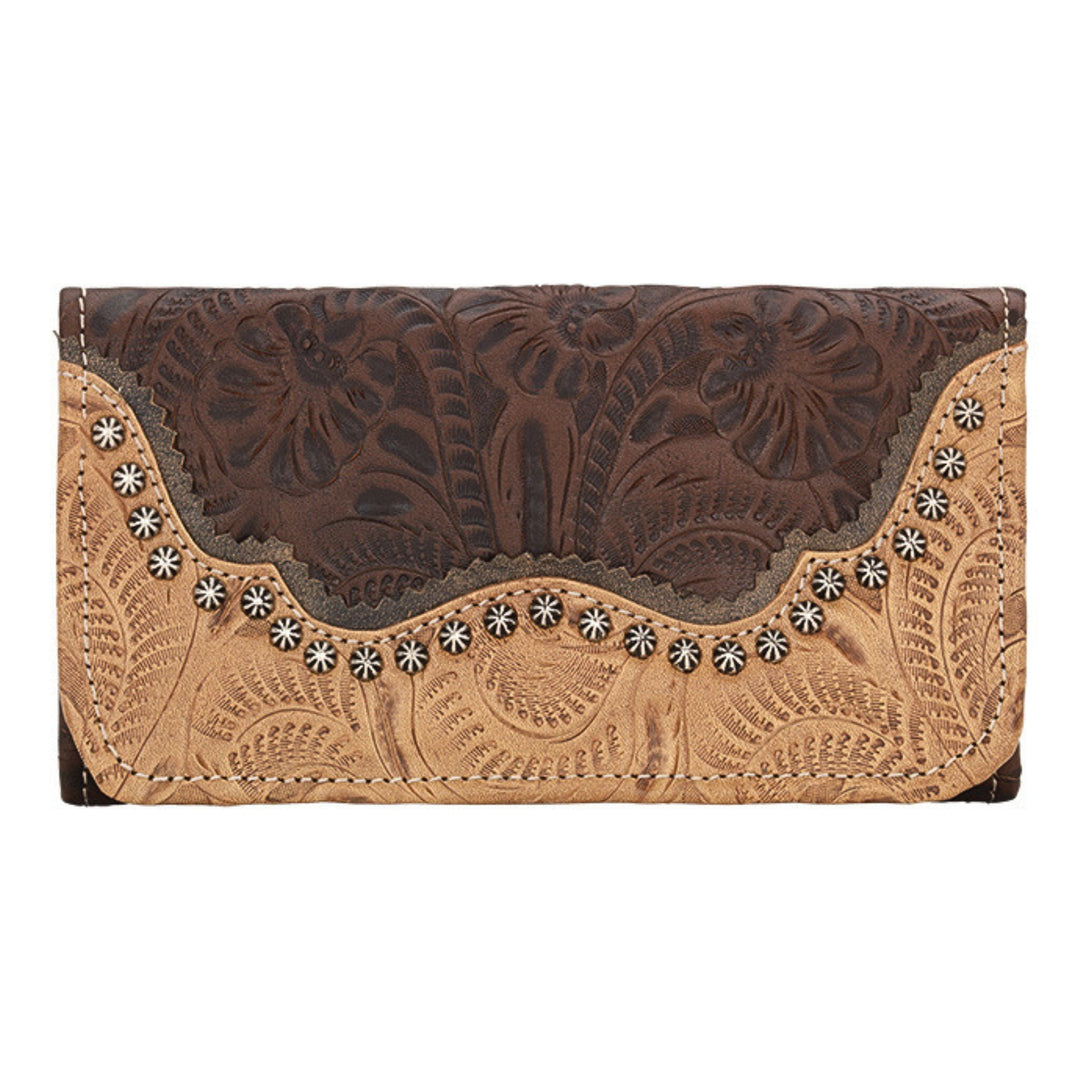 Saddle Ridge tri-fold wallet in dark brown with hand tooled leather accents