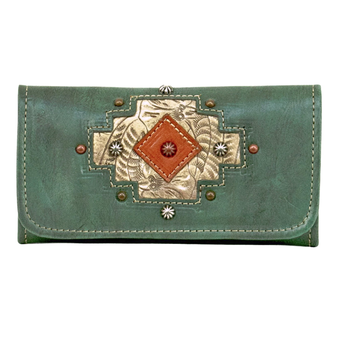 Navajo Soul tri-fold wallet in light turquoise with hand tooled leather accents