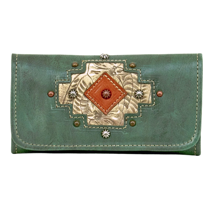 Navajo Soul tri-fold wallet in light turquoise with hand tooled leather accents