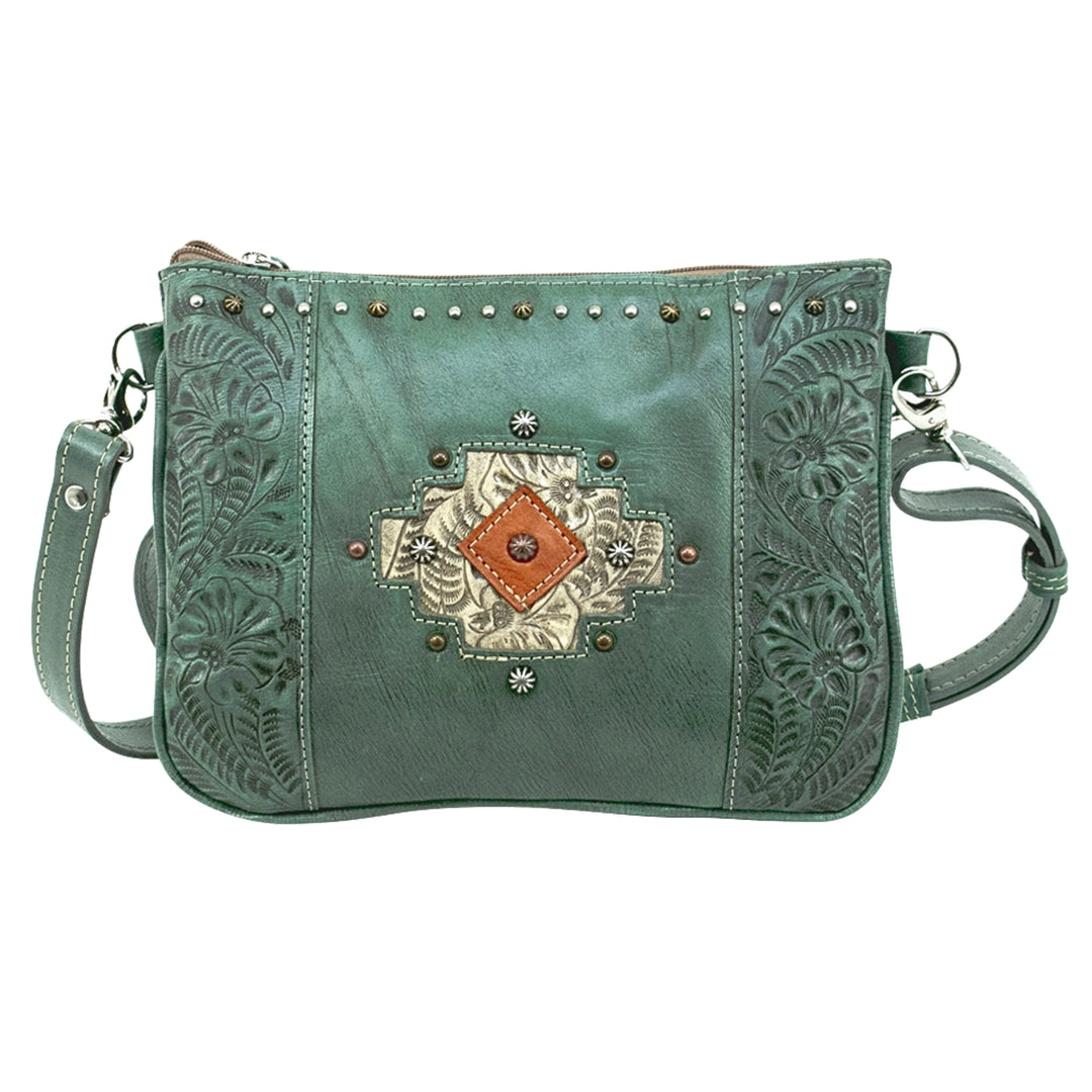Navajo Soul multi-compartment Crossbody in light turquoise with hand tooled leather accents