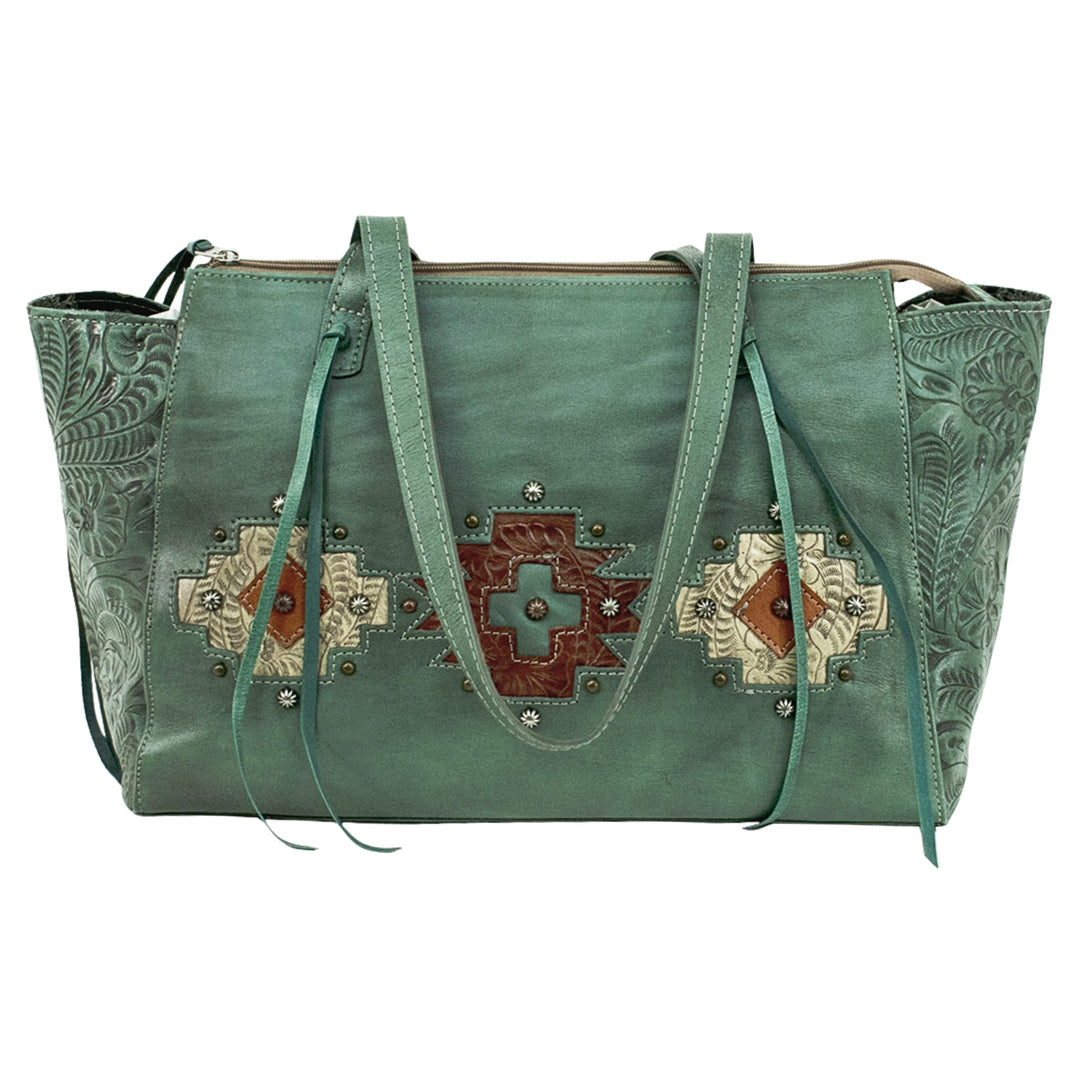 Navajo Soul conceal carry tote in light turquoise with hand tooled leather accents