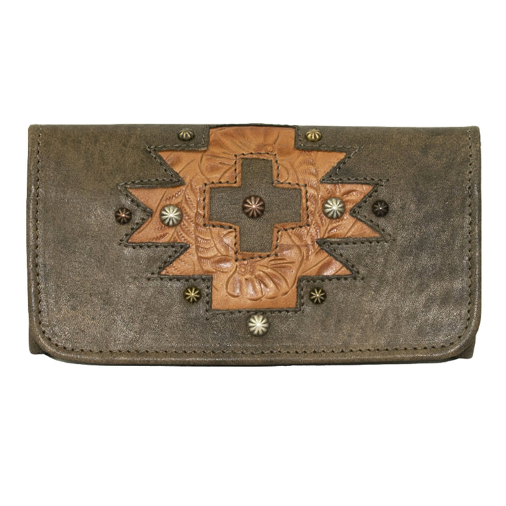 Navajo Soul tri-fold wallet in distressed charcoal brown with hand tooled leather accents