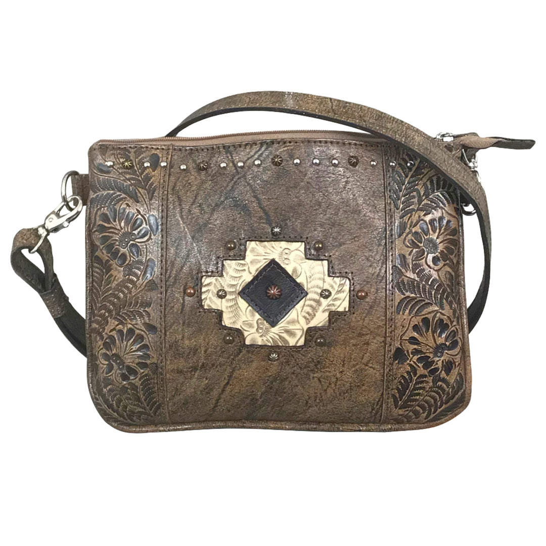 Navajo Soul multi-compartment Crossbody in distressed charcoal brown with hand tooled leather accents