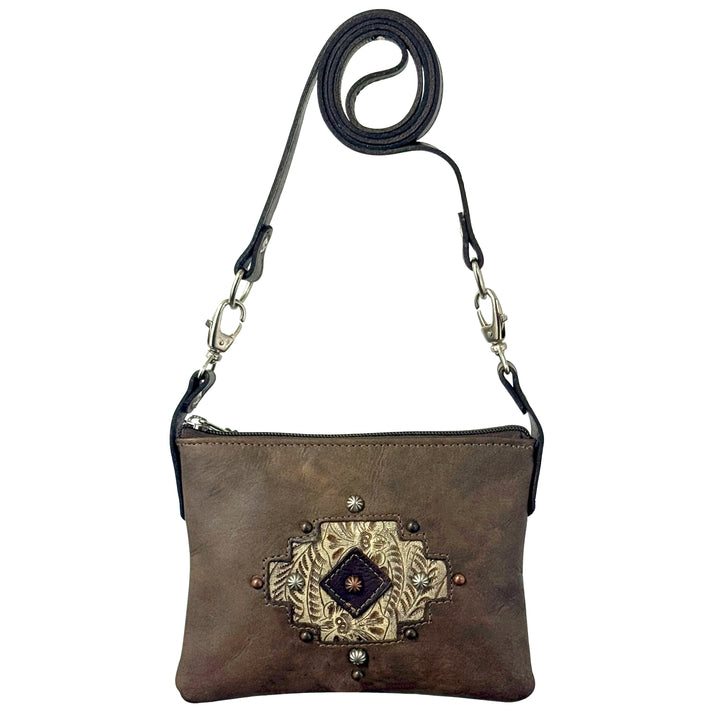 Navajo Soul crossbody/hip bag in distressed charcoal brown with hand tooled leather accents