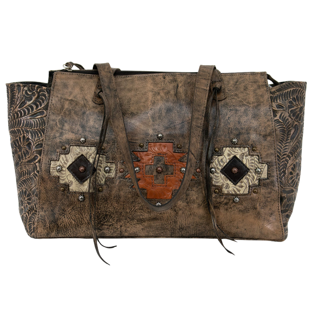 Navajo Soul conceal carry tote in distressed charcoal brown with hand tooled leather accents