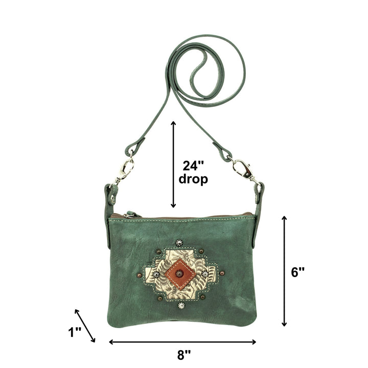 Navajo Soul crossbody/hip bag in light turquoise with hand tooled leather accents with dimensions