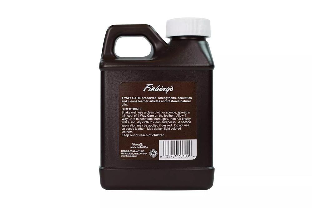 Back of the bottle of Fiebling's 4-Way Care Leather Conditioner, which is designed for cleaning and conditioning leather products.