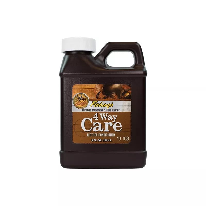 A bottle of Fiebling's 4-Way Care Leather Conditioner, which is designed for cleaning and conditioning leather products.