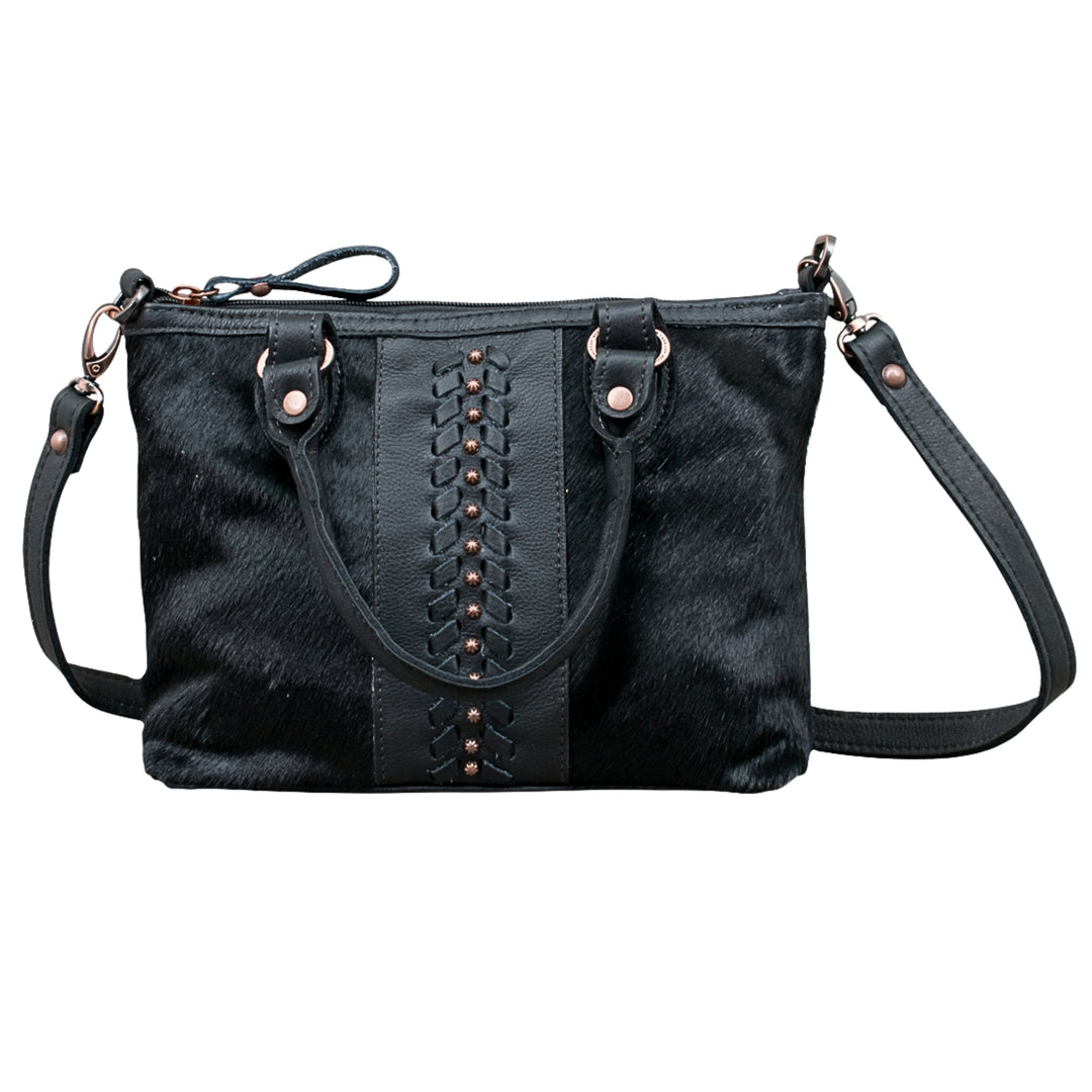 Cow Town conceal carry convertible satchel in black with hair-on hide leather accents