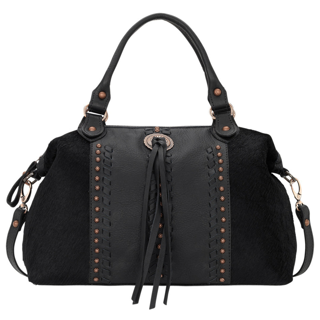 Cow Town conceal carry convertible satchel in black with hair-on hide leather accents