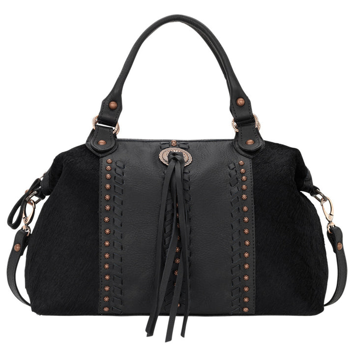Cow Town conceal carry convertible satchel in black with hair-on hide leather accents