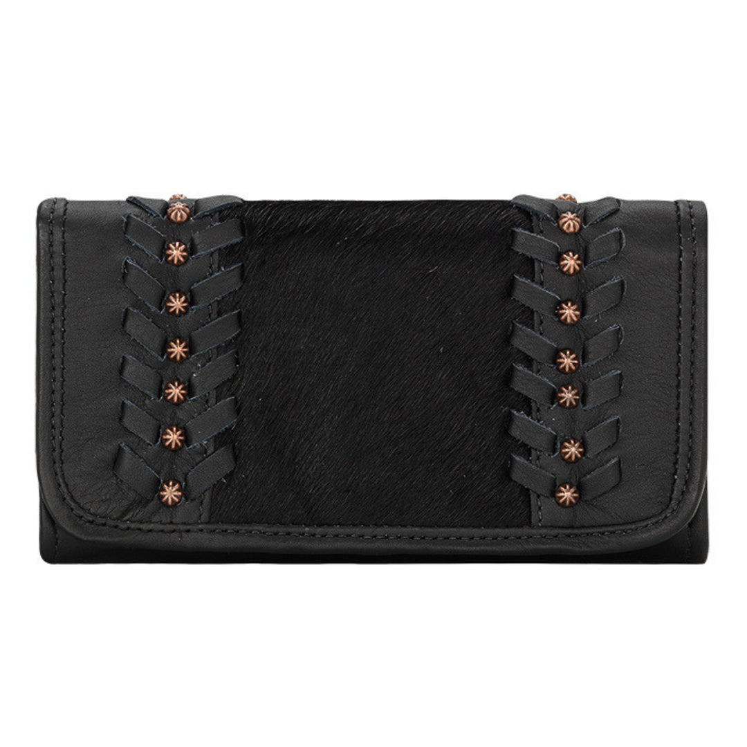 Cow Town tri-fold wallet in black with hair-on hide leather accents