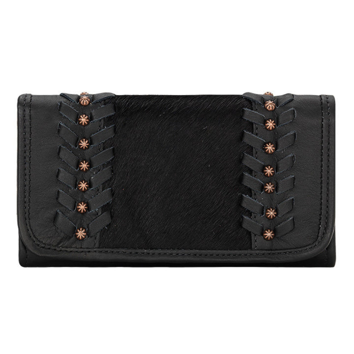 Cow Town tri-fold wallet in black with hair-on hide leather accents