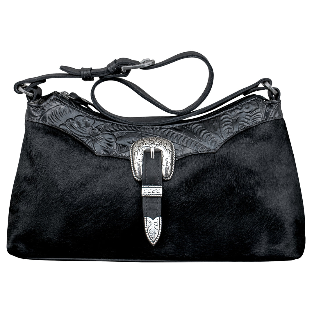 Cow Town shoulder bag in black with hair-on hide leather accents