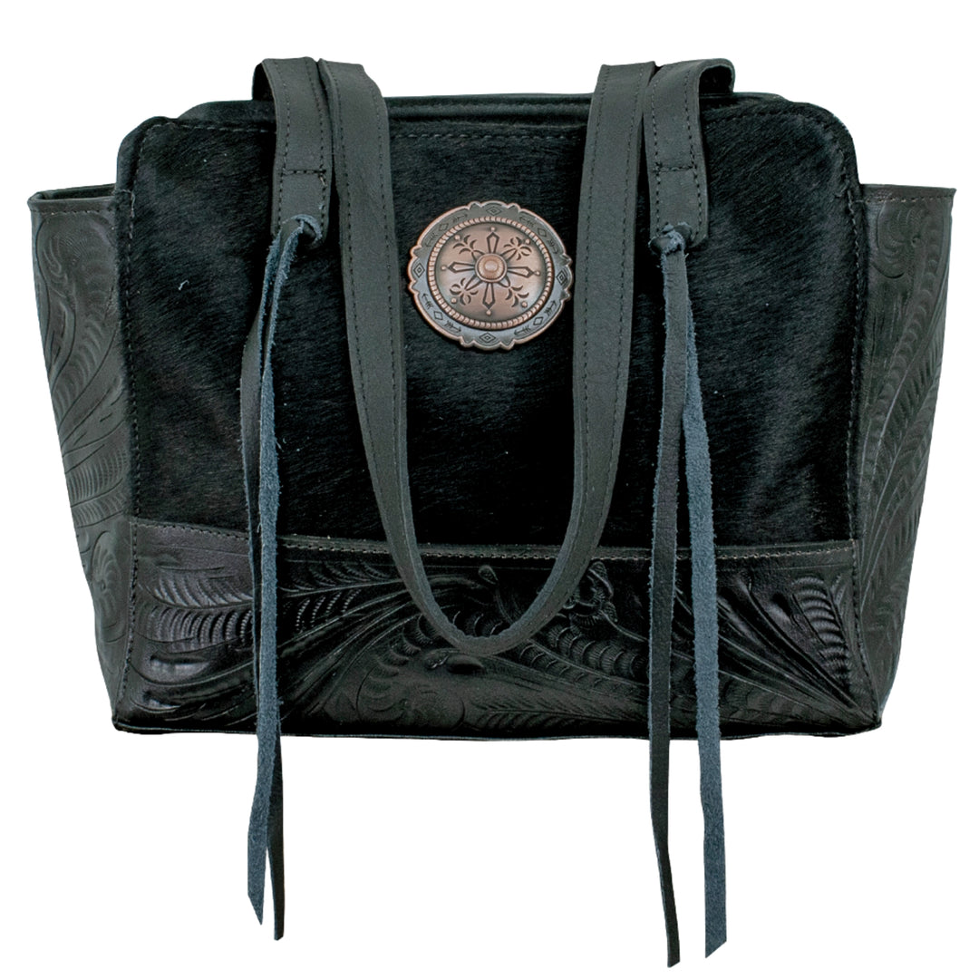 Cow Town conceal carry tote in black with hair-on hide leather accents