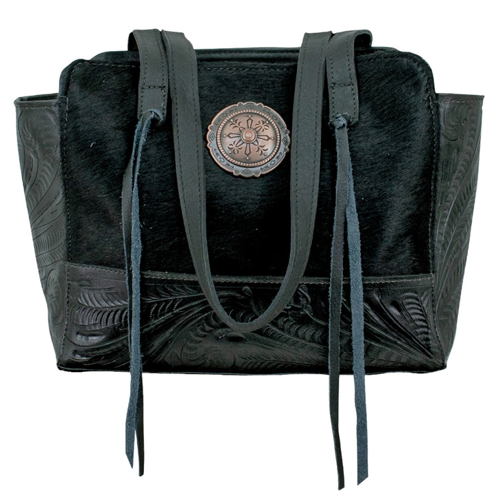 Cow Town conceal carry tote in black with hair-on hide leather accents