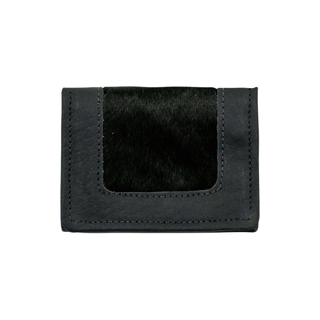 Cow Town tri-fold wallet in black with hair-on hide leather accents