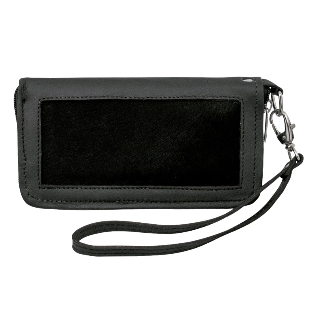 Cow Town zip-around wallet in black with hair-on hide leather accents