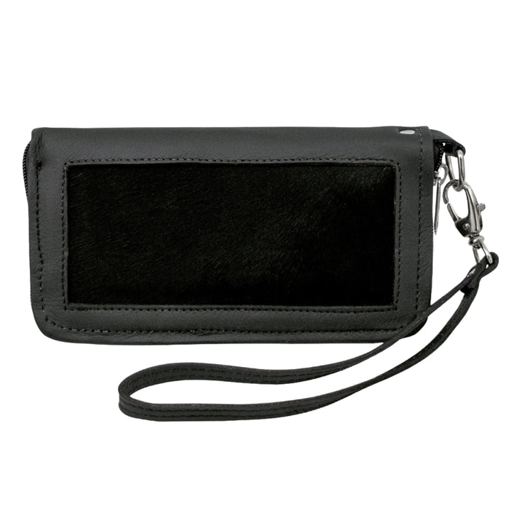 Cow Town zip-around wallet in black with hair-on hide leather accents
