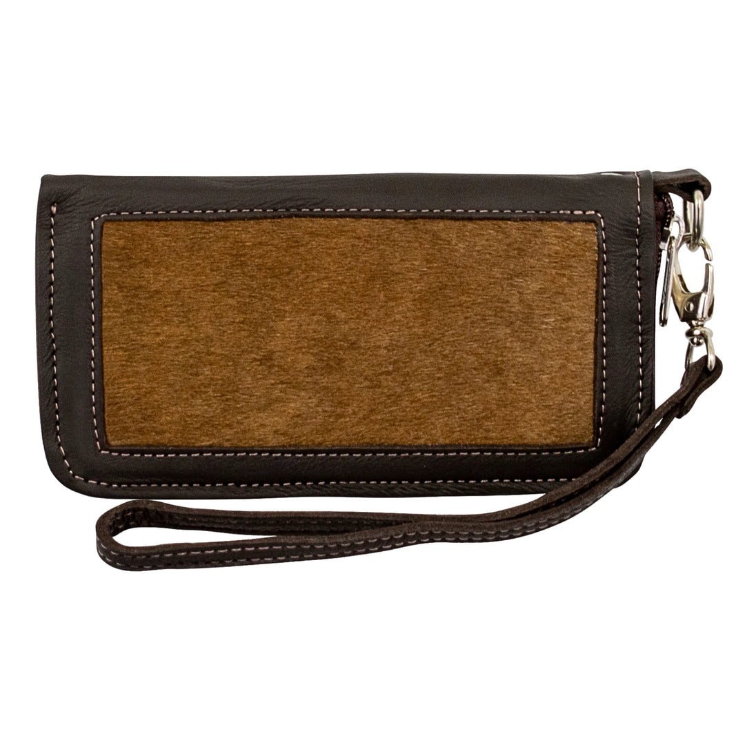 Cow Town zip-around wallet in brindle with hair-on hide leather accents