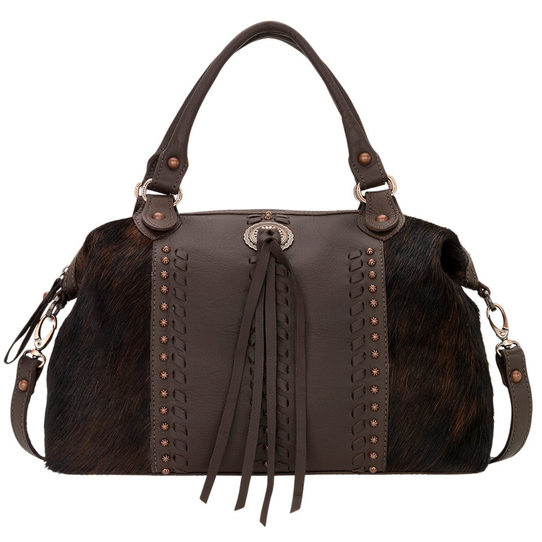 Cow Town conceal carry convertible satchel in brindle with hair-on hide leather accents