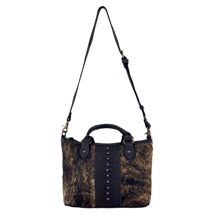 Cow Town conceal carry convertible satchel in brindle with hair-on hide leather accents with strap attached