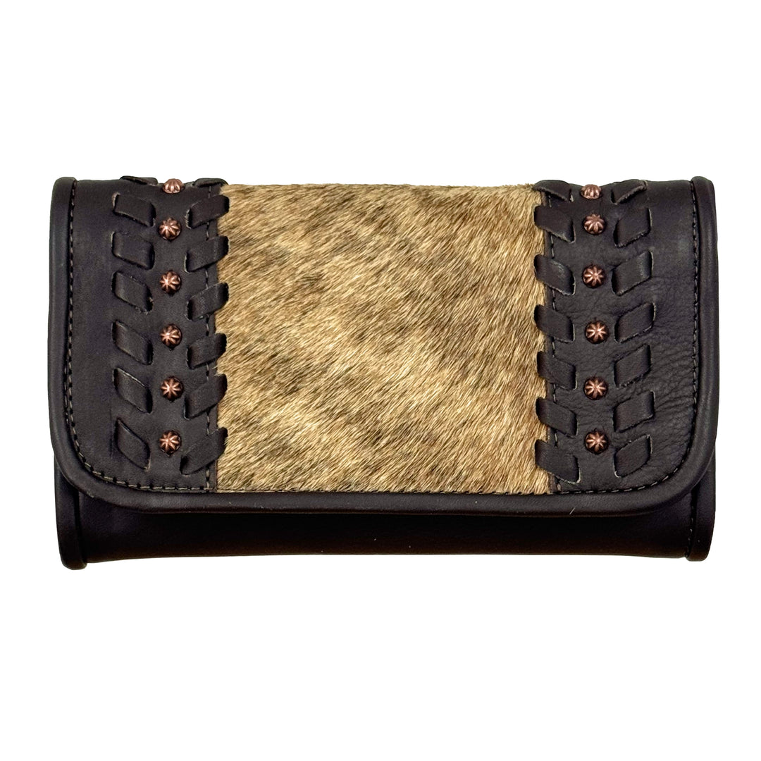 Cow Town tri-fold wallet in brindle with hair-on hide leather accents