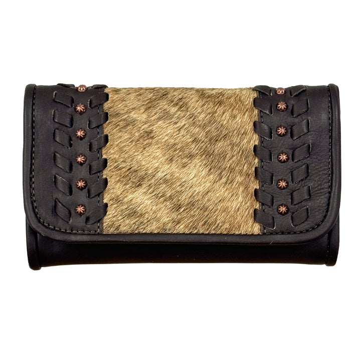 Cow Town tri-fold wallet in brindle with hair-on hide leather accents