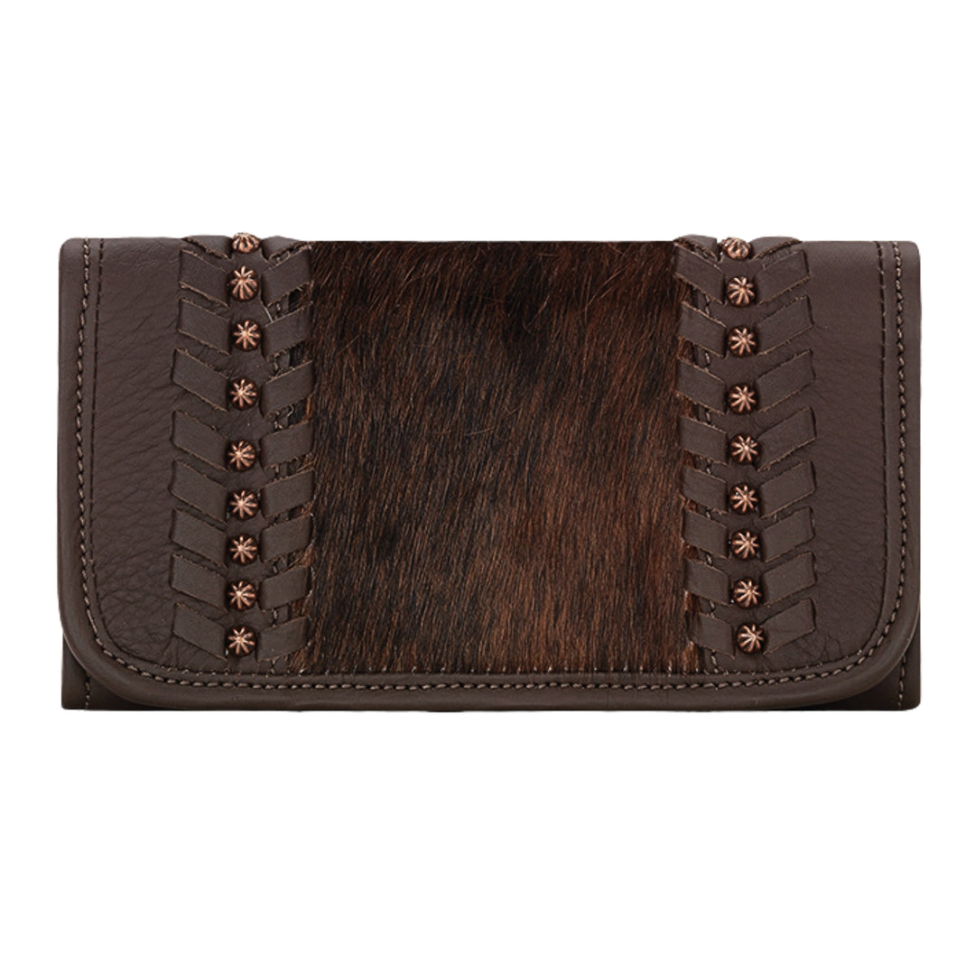 Cow Town tri-fold wallet in brindle with hair-on hide leather accents