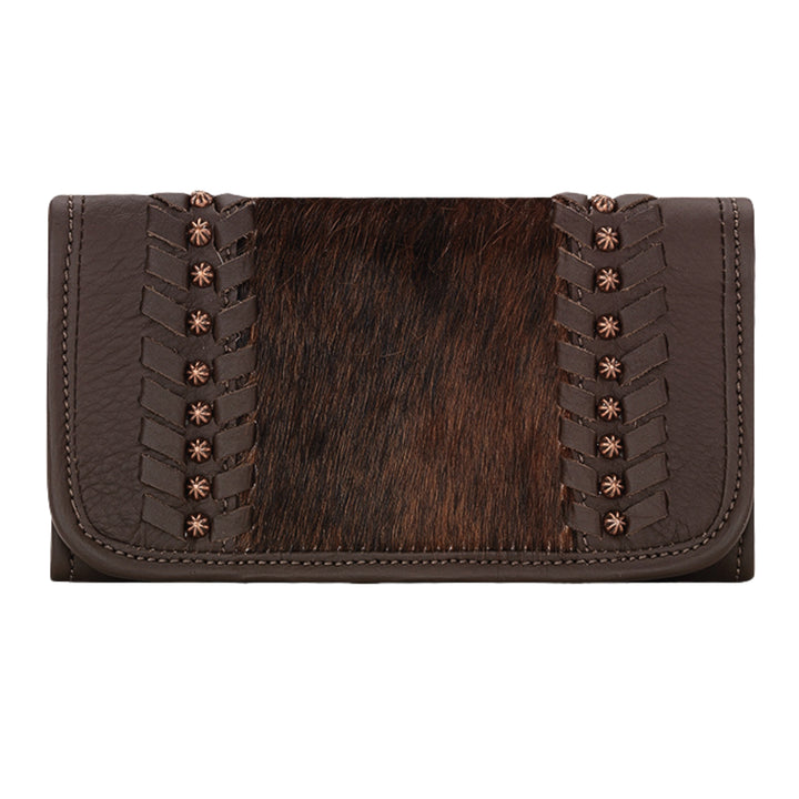 Cow Town tri-fold wallet in brindle with hair-on hide leather accents