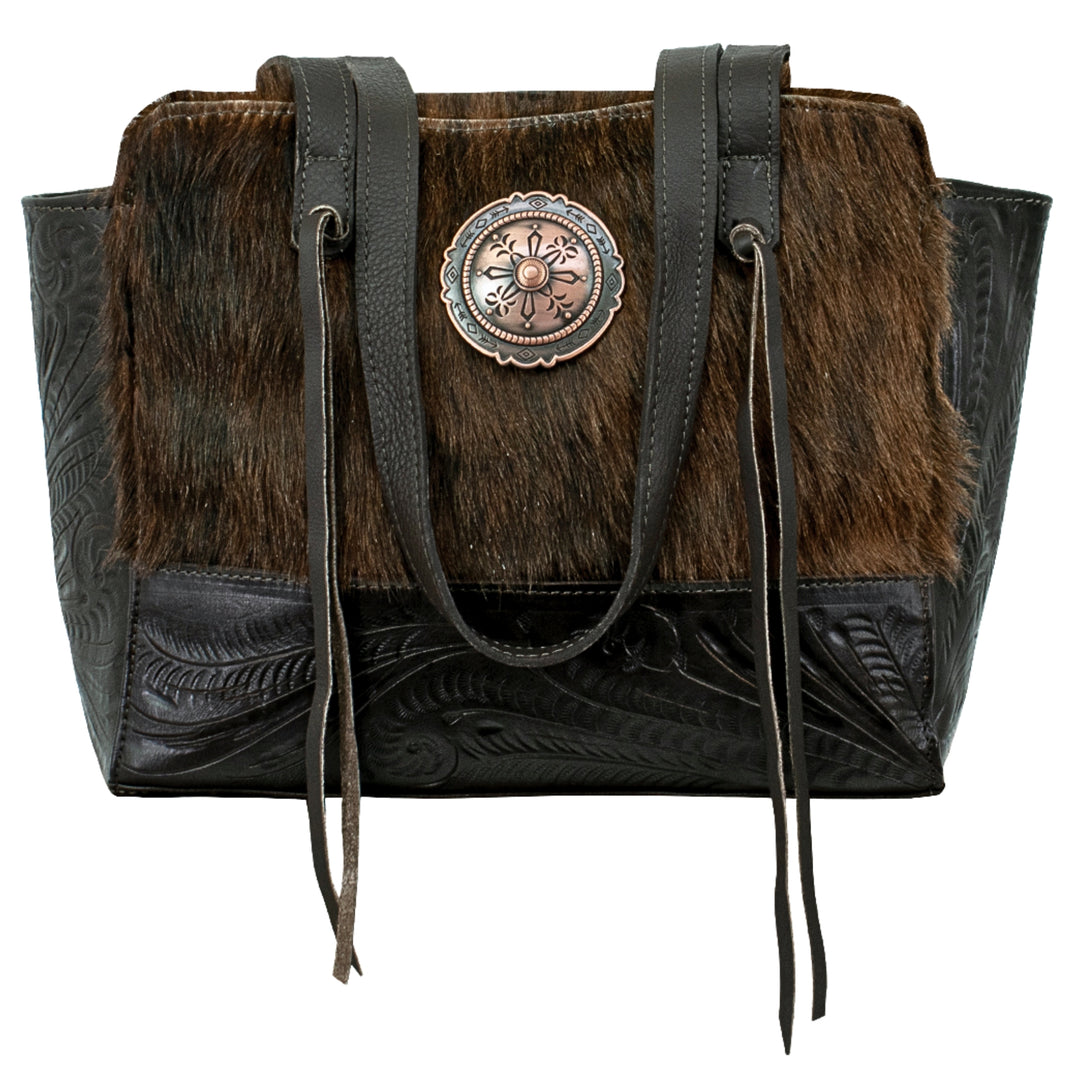 Cow Town conceal carry tote in brindle with hair-on hide leather accents