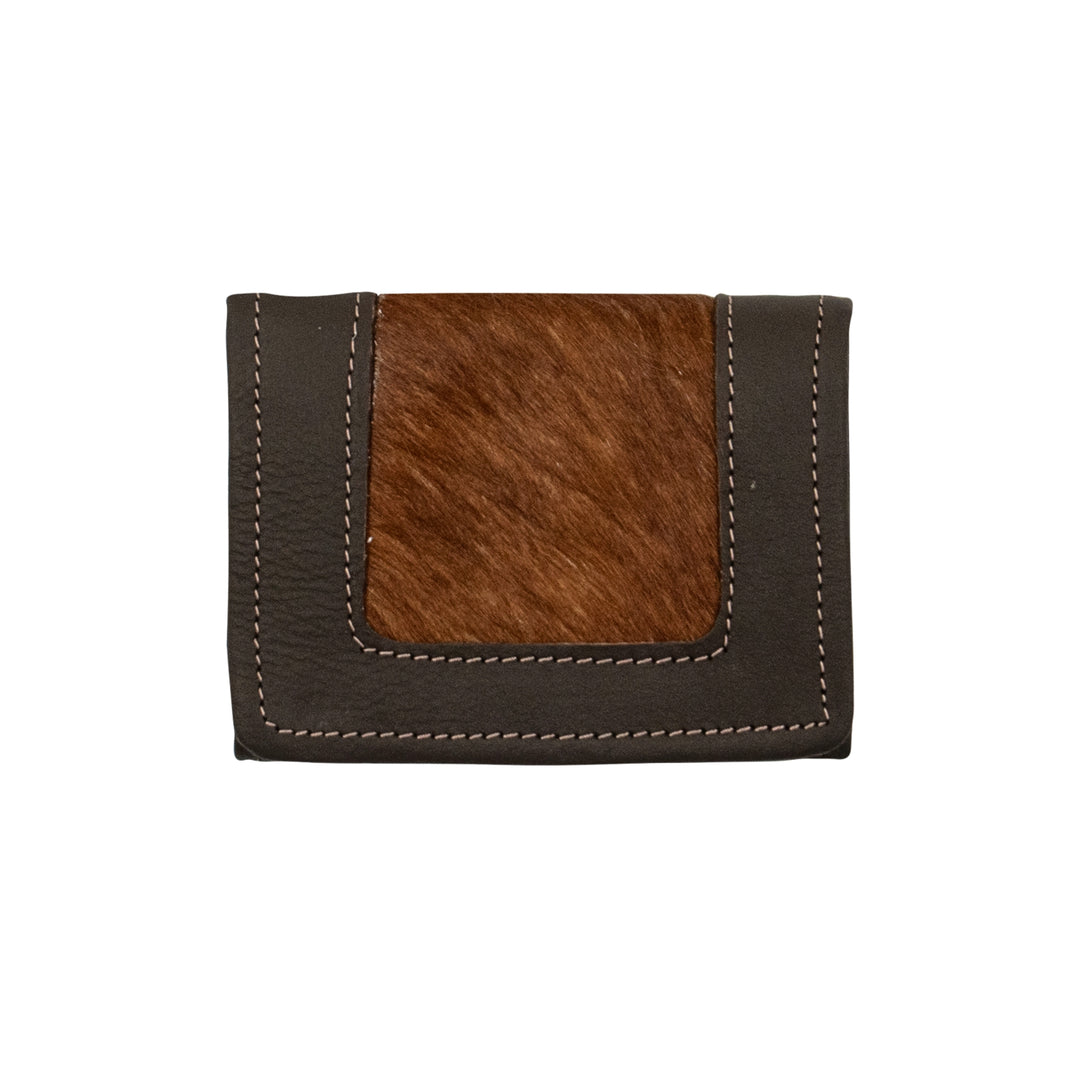 Cow Town tri-fold wallet in brindle with hair-on hide leather accents