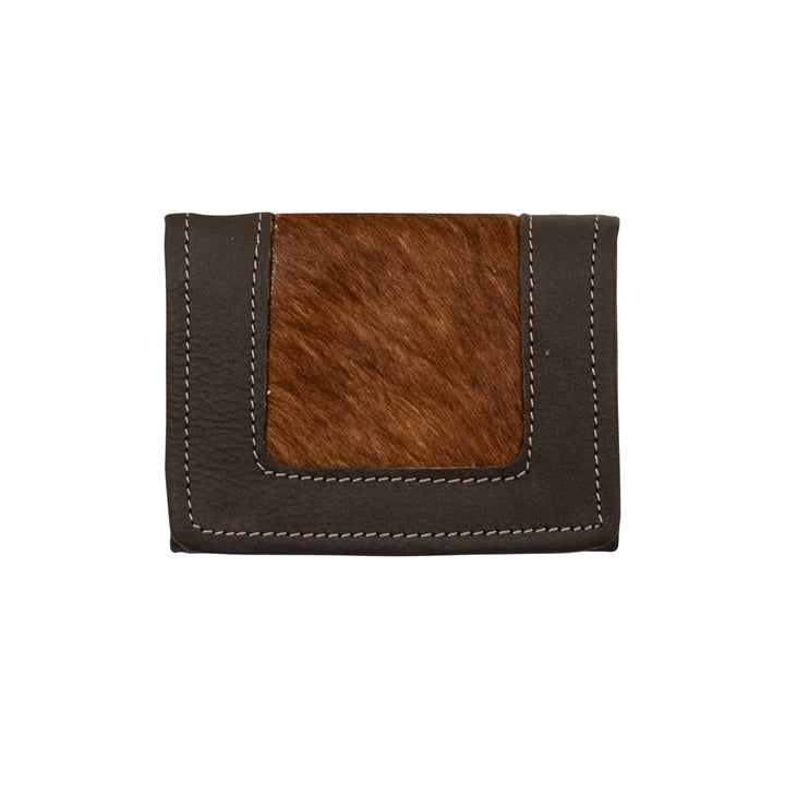 Cow Town tri-fold wallet in brindle with hair-on hide leather accents