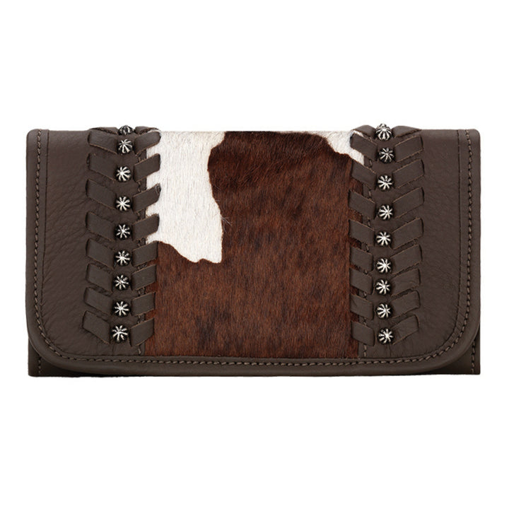 Cow Town tri-fold wallet in pony with hair-on hide leather accents