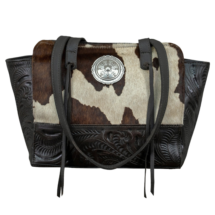Cow Town conceal carry tote in pony with hair-on hide leather accents