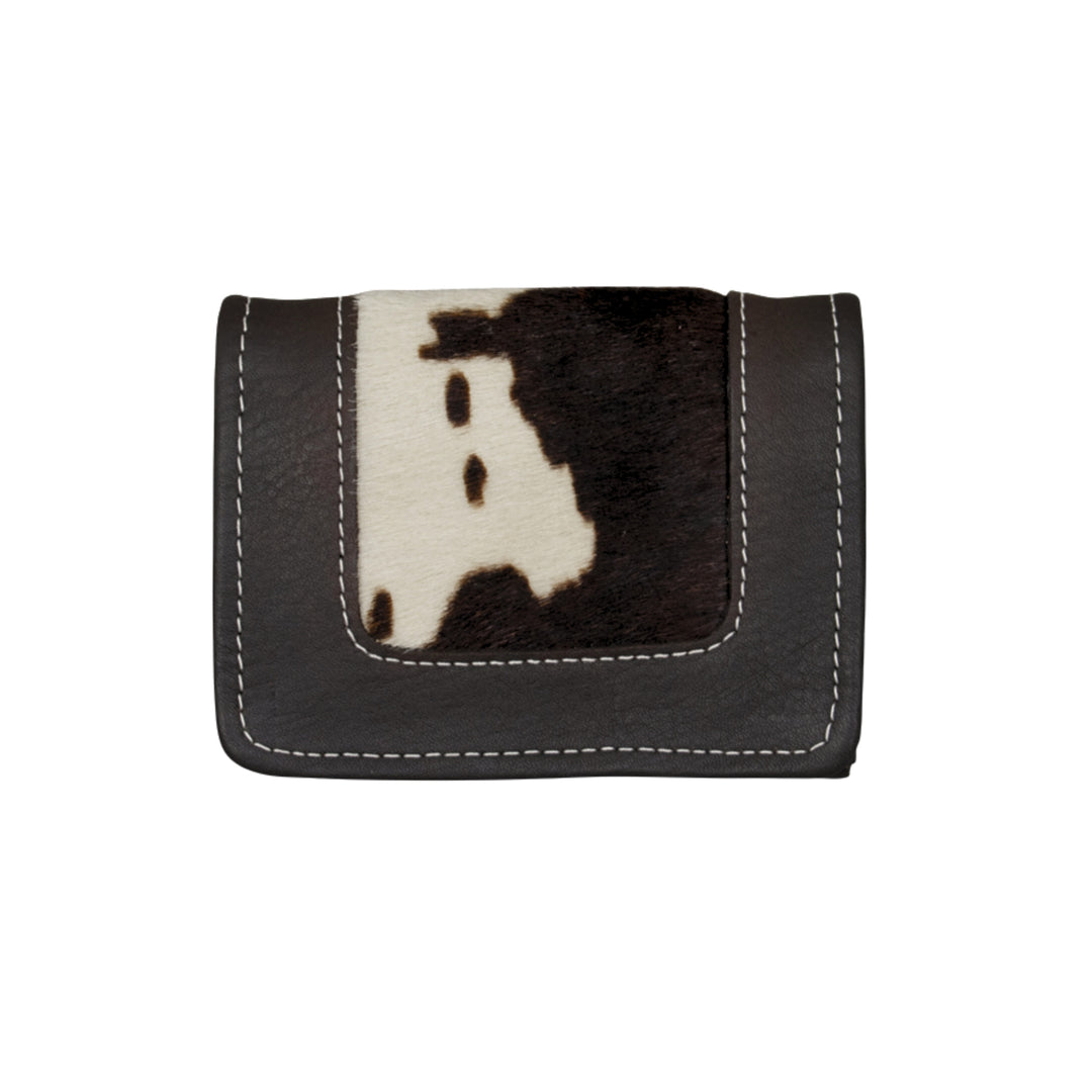 Cow Town tri-fold wallet in pony with hair-on hide leather accents