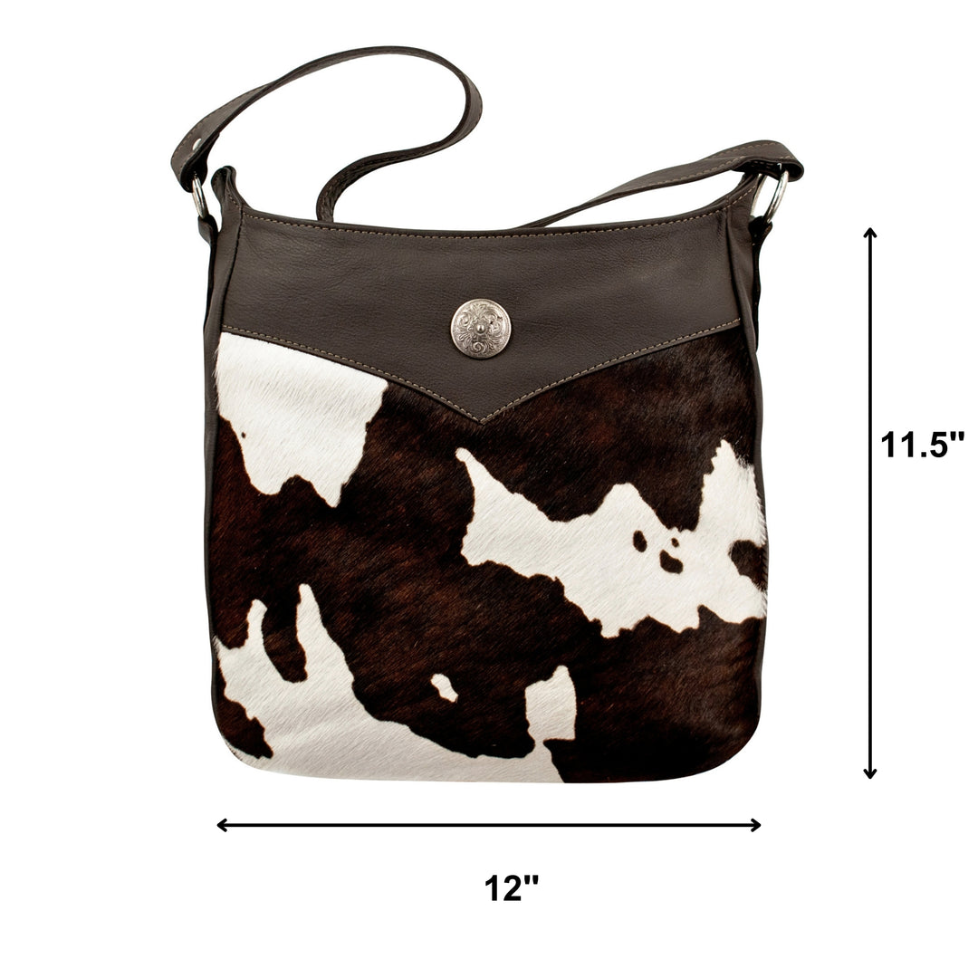 Cowtown conceal carry shoulder bag in pony with hair-on hide leather accents with dimensions