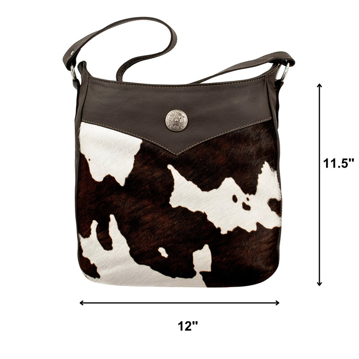 Cowtown conceal carry shoulder bag in pony with hair-on hide leather accents with dimensions