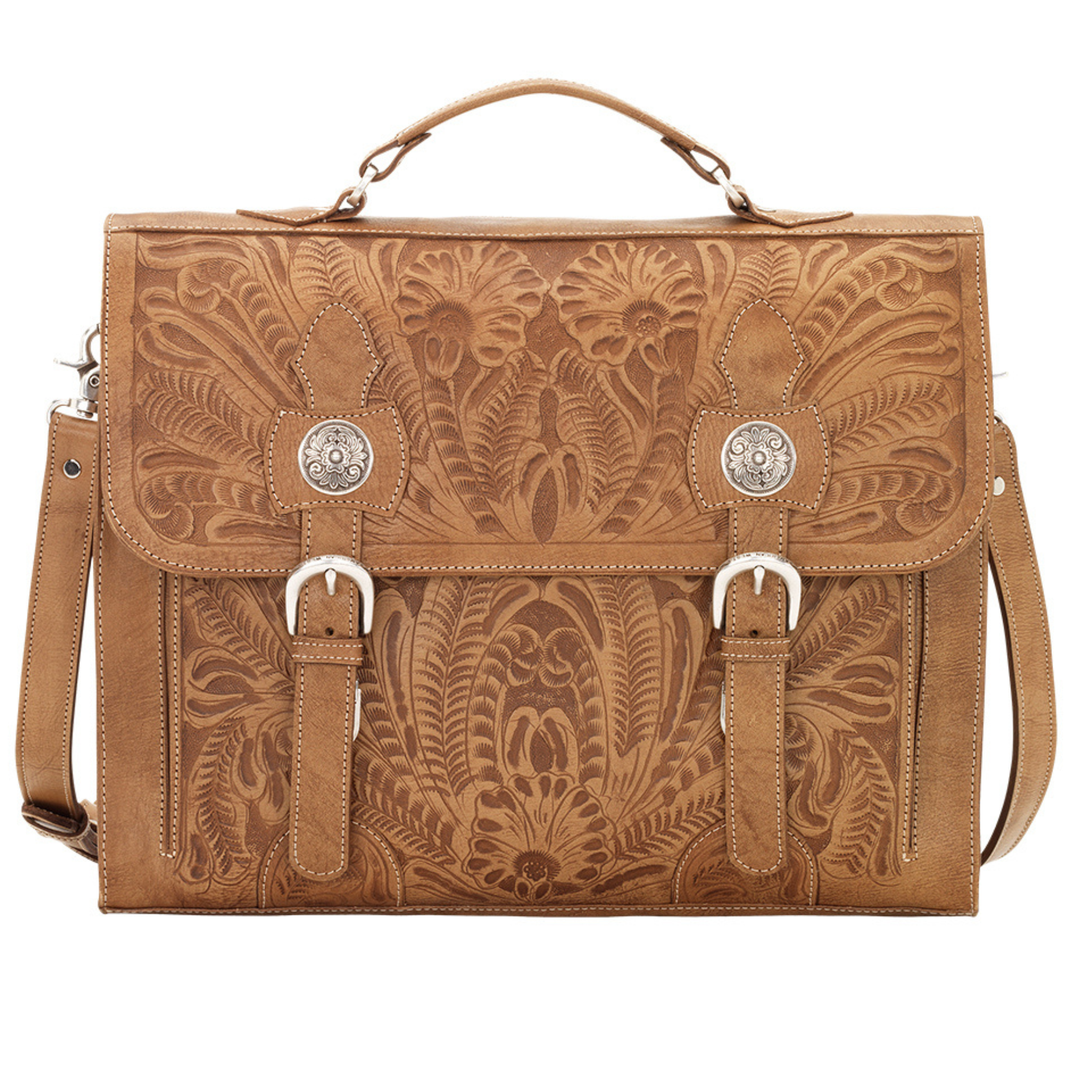 Classic Travel multi-compartment briefcase in light tan with hand tooled leather accents