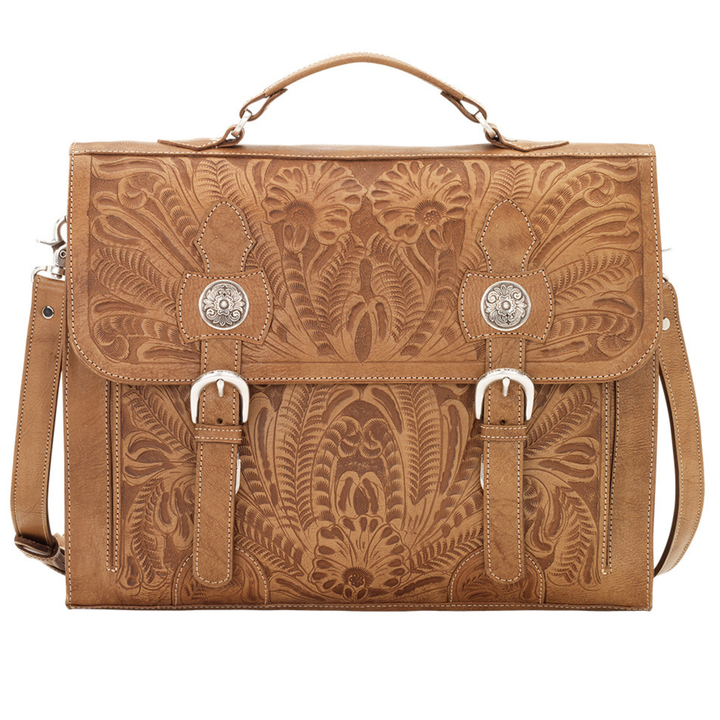 Classic Travel multi-compartment briefcase in light tan with hand tooled leather accents